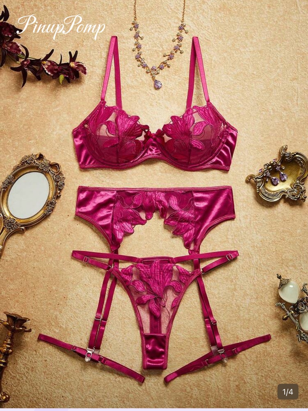 🔥Three-Piece Satin & Lace Lingerie Set in Fuchsia